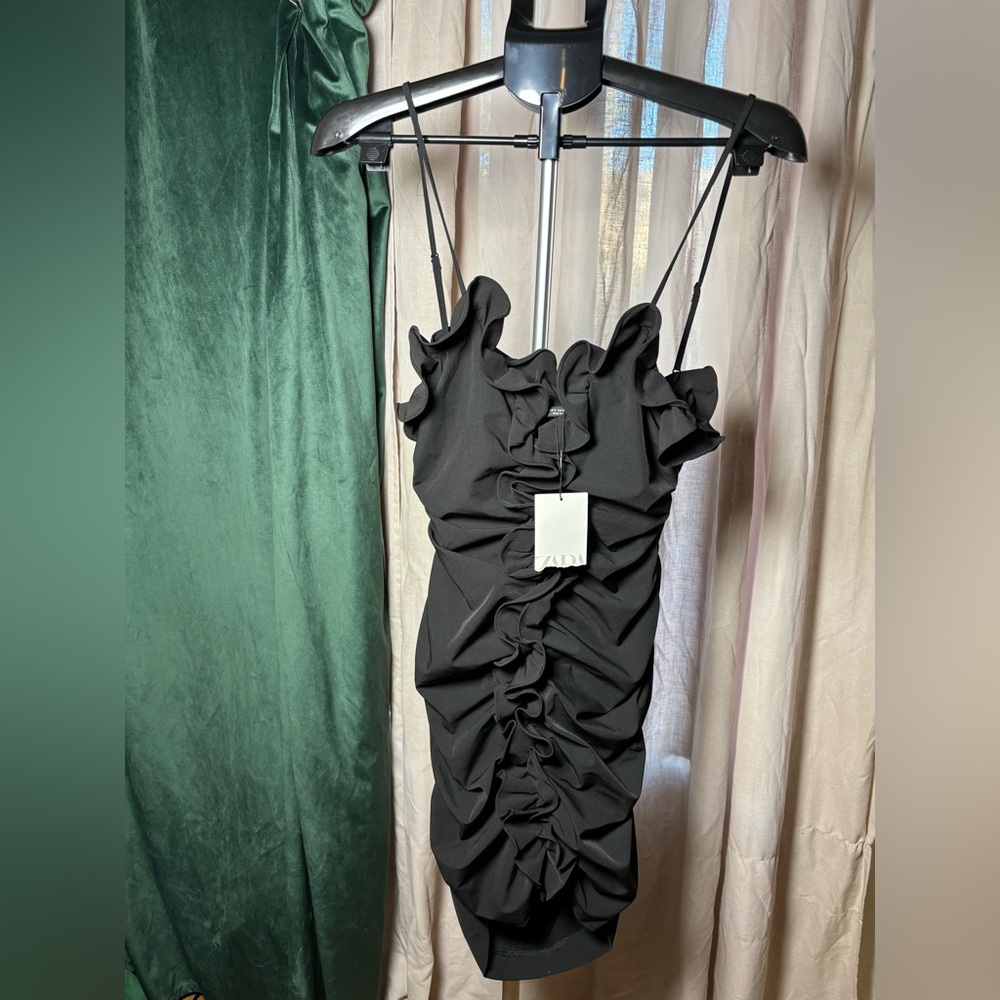 Zara Black Ruffle Ruched Mini Dress